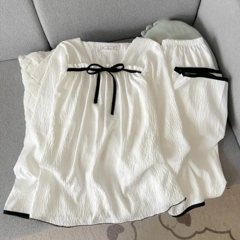 

Белая хлопковая пижама с облаком на одно плечо для женщин, корейская версия, дворец, осенний домашний костюм в стиле принцессы с длинными рукавами для женщин