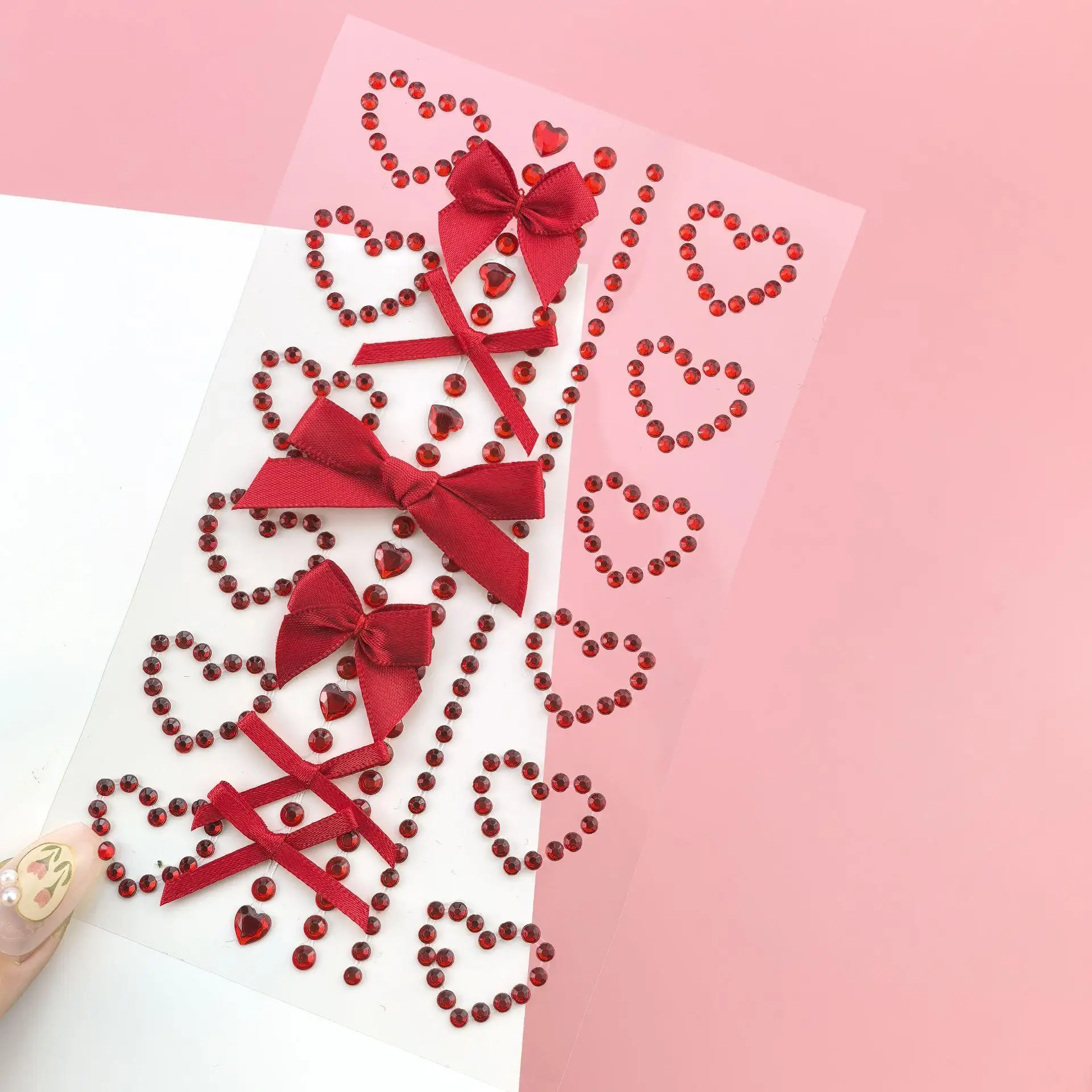 1 Sheet Red Ribbon Bow Sparkly Crafts Face Jewelry Crystal Diamond Tattoo Stickers Sweet Self Adhesive Heart Body Arts Party