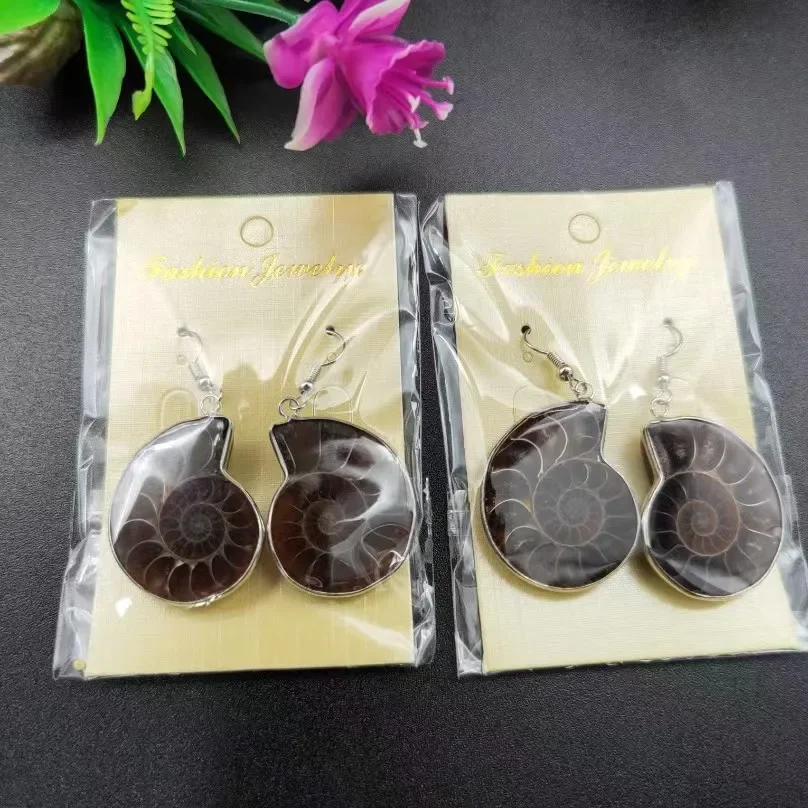 5pairs Natural Ammonite Snail Conch Shell Healing Stone Fashion Dangle Hook Earrings For Women Jewelry