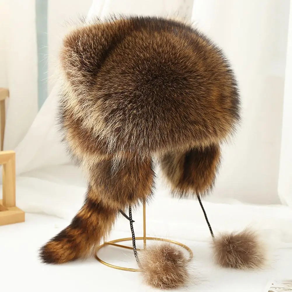 트렌디한 너구리털 모자 꼬리 여성용 천연 너구리털 모자 우샨카 겨울용 두꺼운 따뜻한 귀덮개 패션 봄버 폼폼 모자