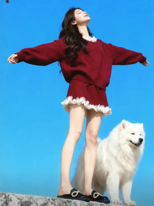 

Red Sweater Skirt Set Gentle Sle Two-Piece Set Youthful Spring 2026 Faion Comfortable Long Sve round Ne Cotton