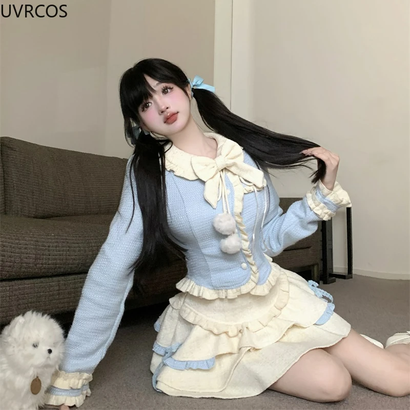 Blue Kawaii Lolita Style gonna Set donna Sweet Bow Peter Pan Collar giacche corte cappotto Slim minigonne abito moda coreana 2024