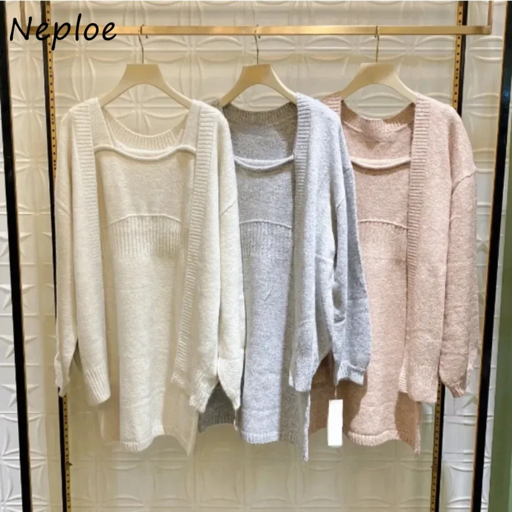 

Neploe New Elegant Long Sleeve Set Cardigan Sling Strapless Patchwork Slim Fit Robe Japanese Knit Moda French Style Suit Dress