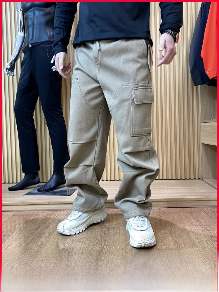 

Thiened Fce Winter Casual Work Pants for Men Loose Straight Leg Windproof Elastic Waist Outdoor Leisure Trousers