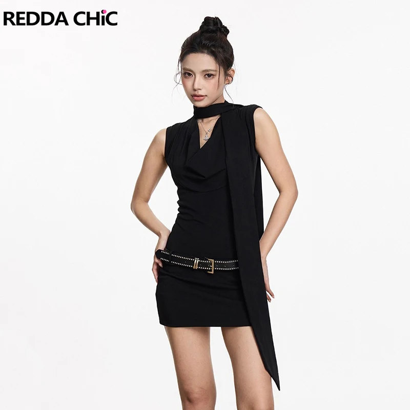 REDDACHiC وشاح الطربوش الرقبة المرأة فستان قصير Bodycon الصلبة مشروط بلا أكمام أسود بسط تانك فستان ليلة خارج ملابس الصيف الساخن