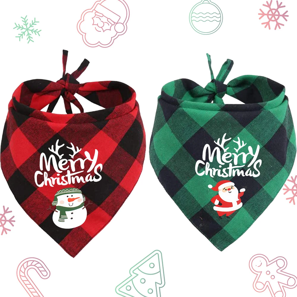 2 Pack Dog Bandana Christmas Classic Plaid Pet Scarf Merry Christmas Santa Snowman Print Pet Bandana for Small Large Dogs Pets