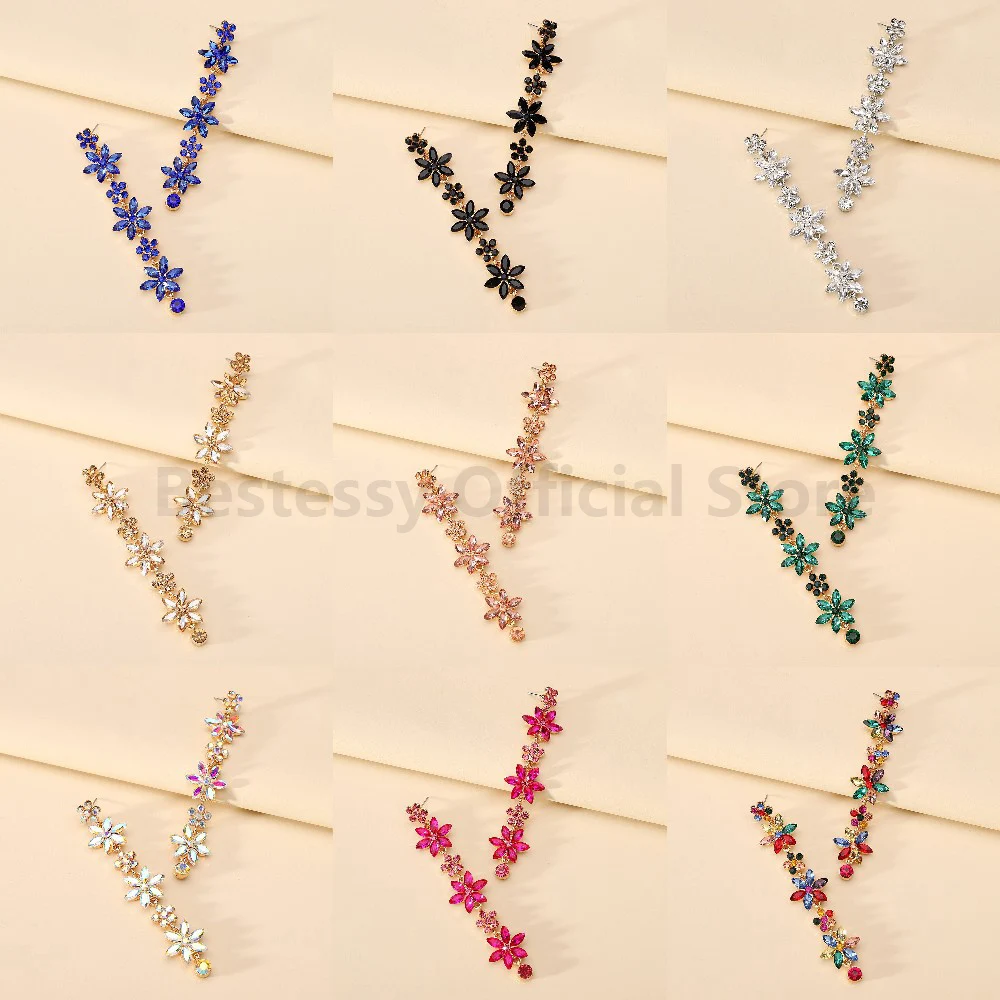Colorful Crystal Leaf Long Pendant Flower Dangle Earrings For Women Boho Luxury Design Party Prom Clothing Matching Jewelry Gift