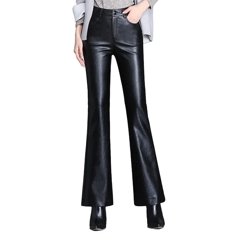 Women Leather Pants High Waist Flared Pants Slim Fit Side Pockets Solid Color Casual Party Fall Trousers Spring Autumn T627