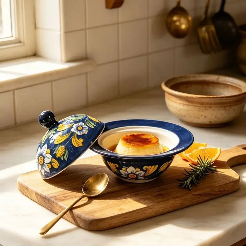 Creative Lidded Ceramic Bowl Retro European Style High Temperature Resistant Underglaze Color Tableware for Dessert Stew Pot