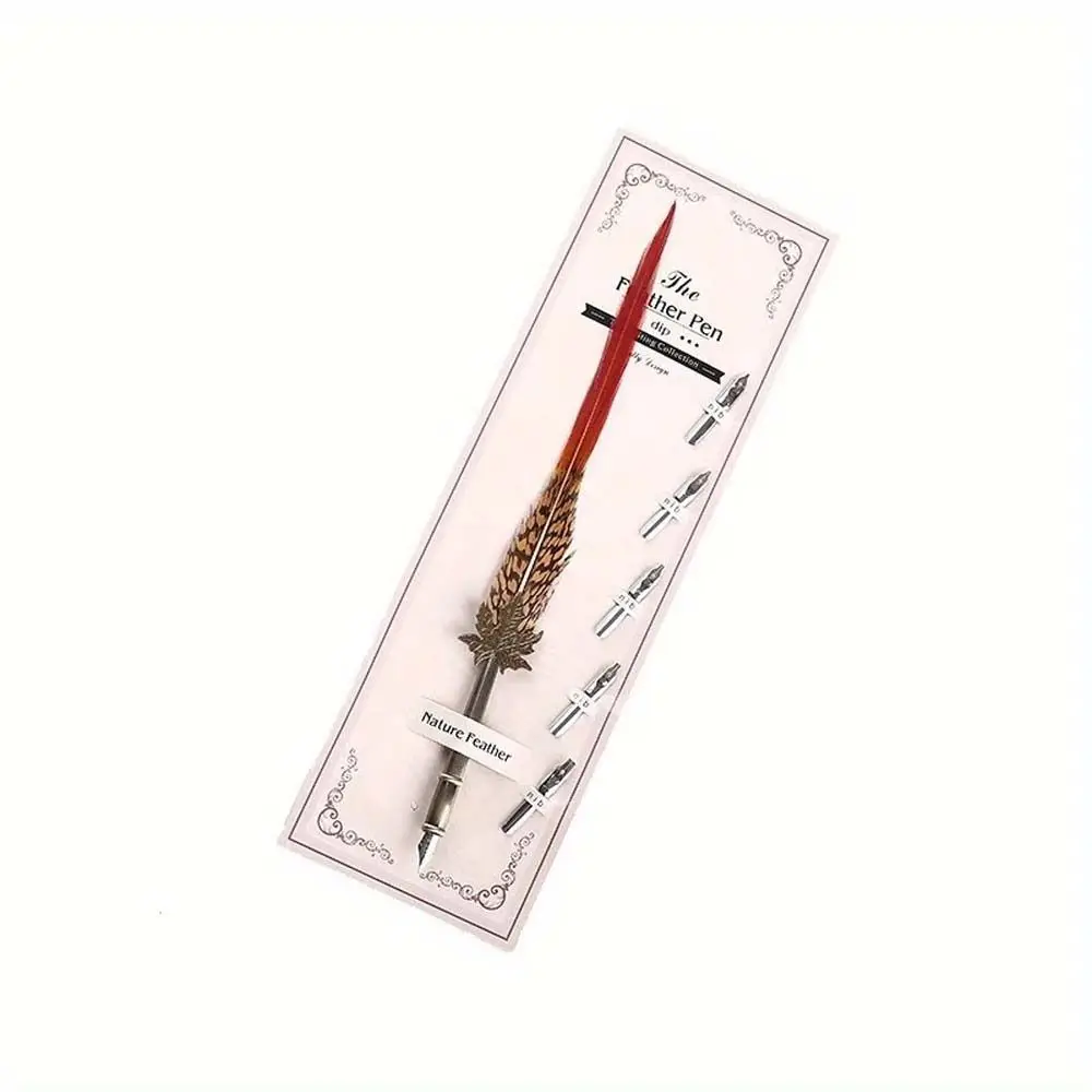 European Vintage Peacock Feather Pen Fountain Pen Dipped in Water Signature Ink Pen Business 5 Nibs Feather Dip Pen