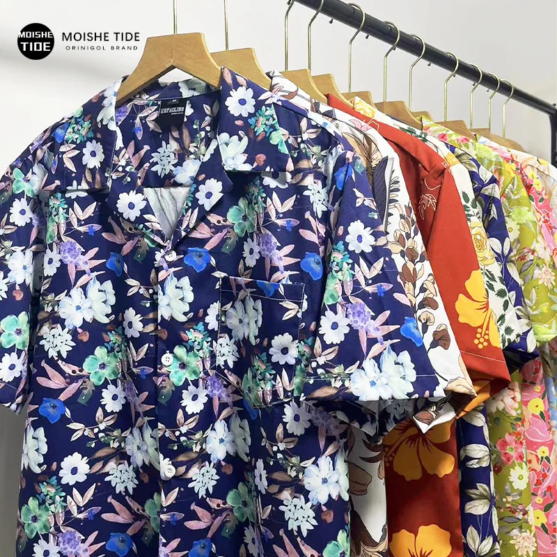 

Hawaiian Floral Loose ort Sve irt Men Women Summer Casual Polyester Fiber Flip Collar Regular Thin Chinese Made