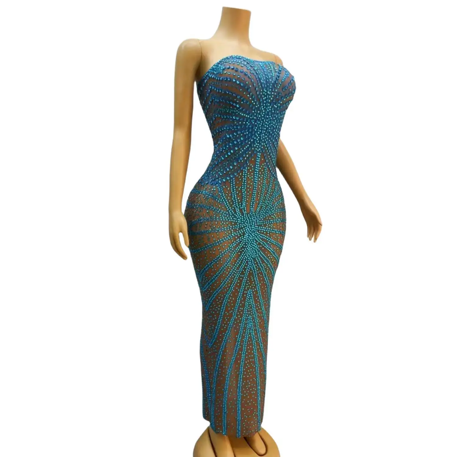 Shuixiu Sexy Strapless Evening Dress Sparkling Blue Full Diamond See Through Mesh Festival Party Dress Dance Performance Dress