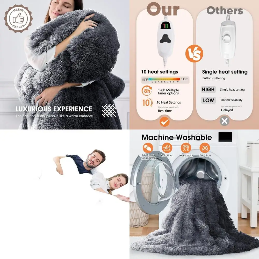 

Queen Size Faux Fur Electric Blanket with Sherpa, Dual Controls, 10 Heat & 5 Timer Settings, 84x90 Inches, Warm Winter Gift