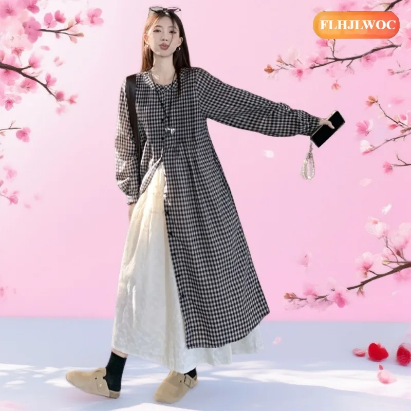 Losse kleding Leuke jurken Outfits Nieuw 2026 Lente Herfst Lange mouw Casual Japanse stijl Meisje Retro Vintage geruite overhemdjurk
