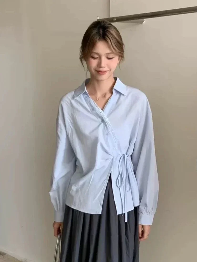 

Sweet French Retro Shirt Women Lace Patchwork Long Sleeve Elegant Blouse Design V Neck Irregular Spring Lady Lace Up Tops