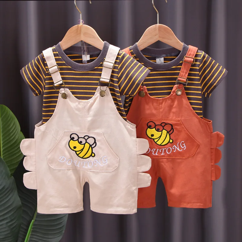 

New Summer Baby Boy Set Stripe T-Shirt+Cute Bee Overalls 2 Piece Suit 1-4 Years Old Baby Girls Clothes