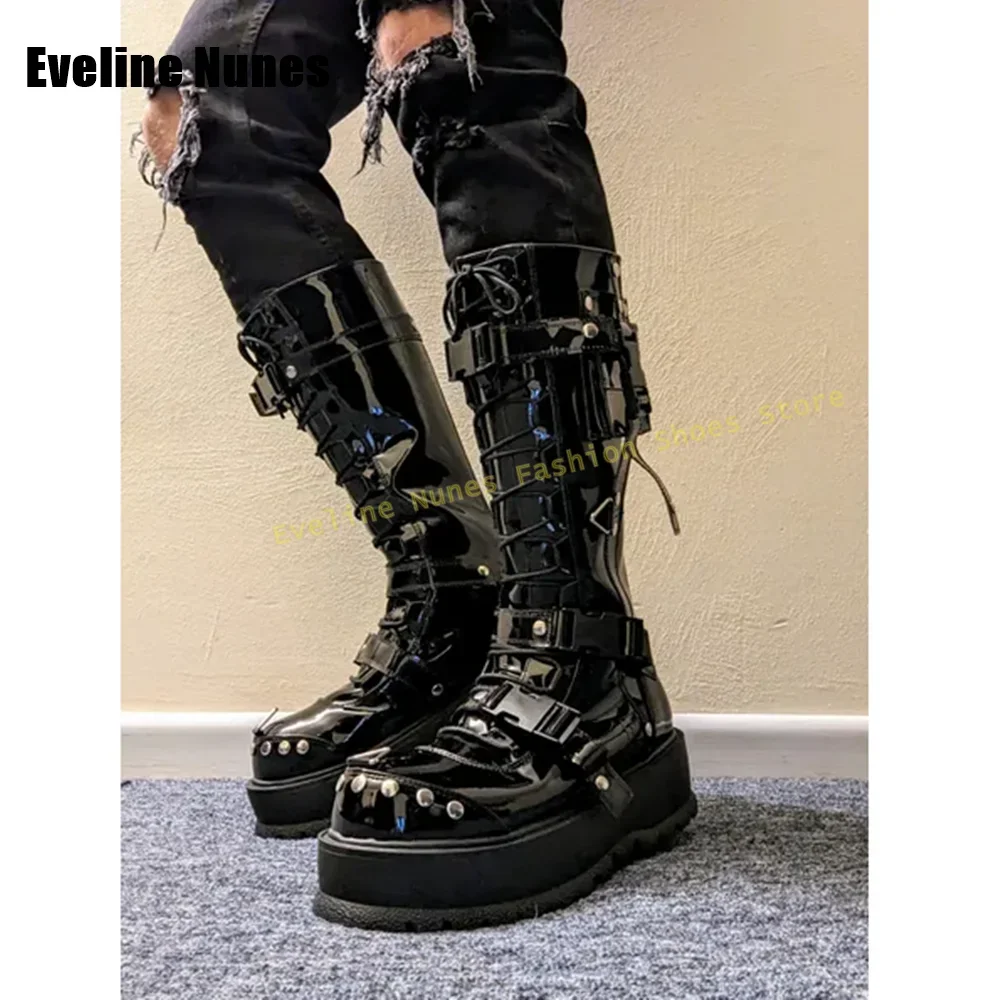 

Metal Decoration Pocket Punk Motorcycle Boots Round Toe Thick Sole Buckle Cross Tied Couple Knee High Boots Heavy Work Y2K 2026