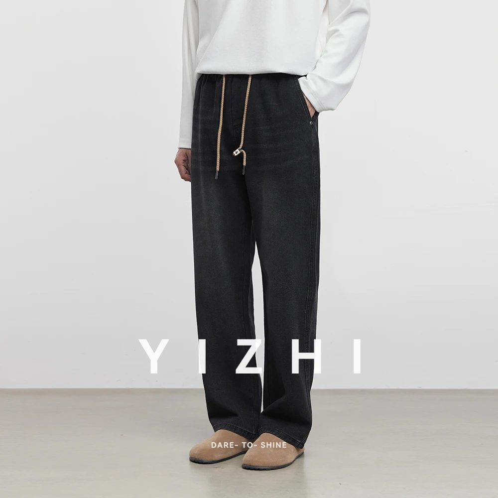 2025 Spring and Autumn New Men's Tight Waist Black Jeans Fashion Retro Drawstring High Street Casual Mopping Pants Men's Jeans