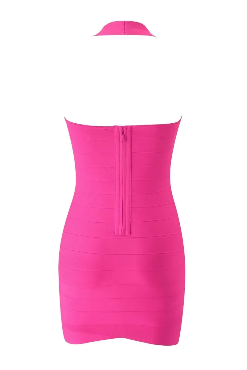 Sexy Neckholder V-Ausschnitt Mini Bandage-Kleid Bodycon Ärmelloses Club-Party-Kurzkleid – Detail 22