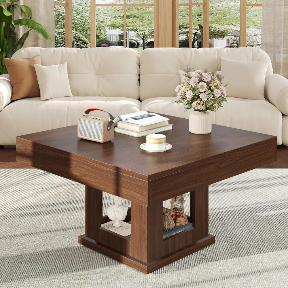 

Square Wooden Coffee Table with Storage and Cat House, Rustic Brown Cocktail Table for Living Room, Farmhouse Large Center Table