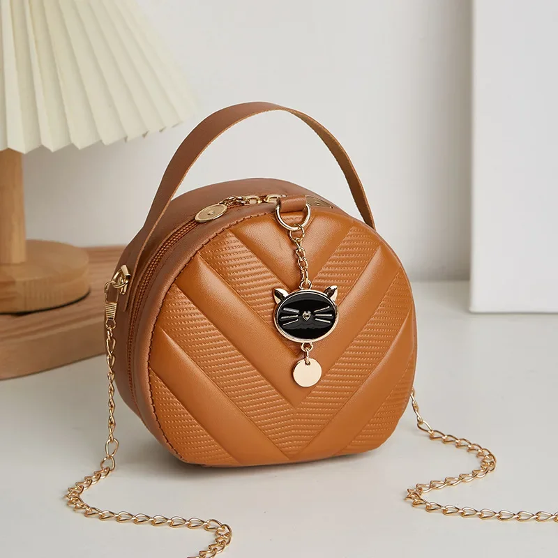 Women\'s Bag Trendy Fashion Casual V-shaped Embossed Pattern Cat Pendant Diagonal Cross Small Round Bag Shoulder Bag