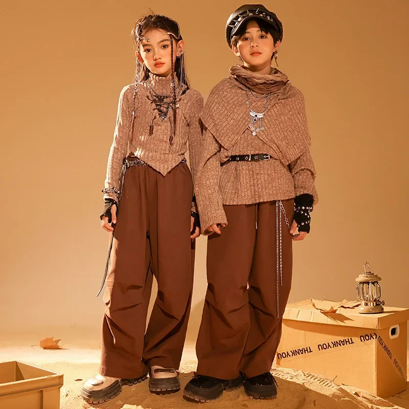 

Brown Jazz Dance Suit For Children Kpop Hip Hop Stage Outfit Kids Model Runways Show Costume Boys Girls Fashion Tops Pants
