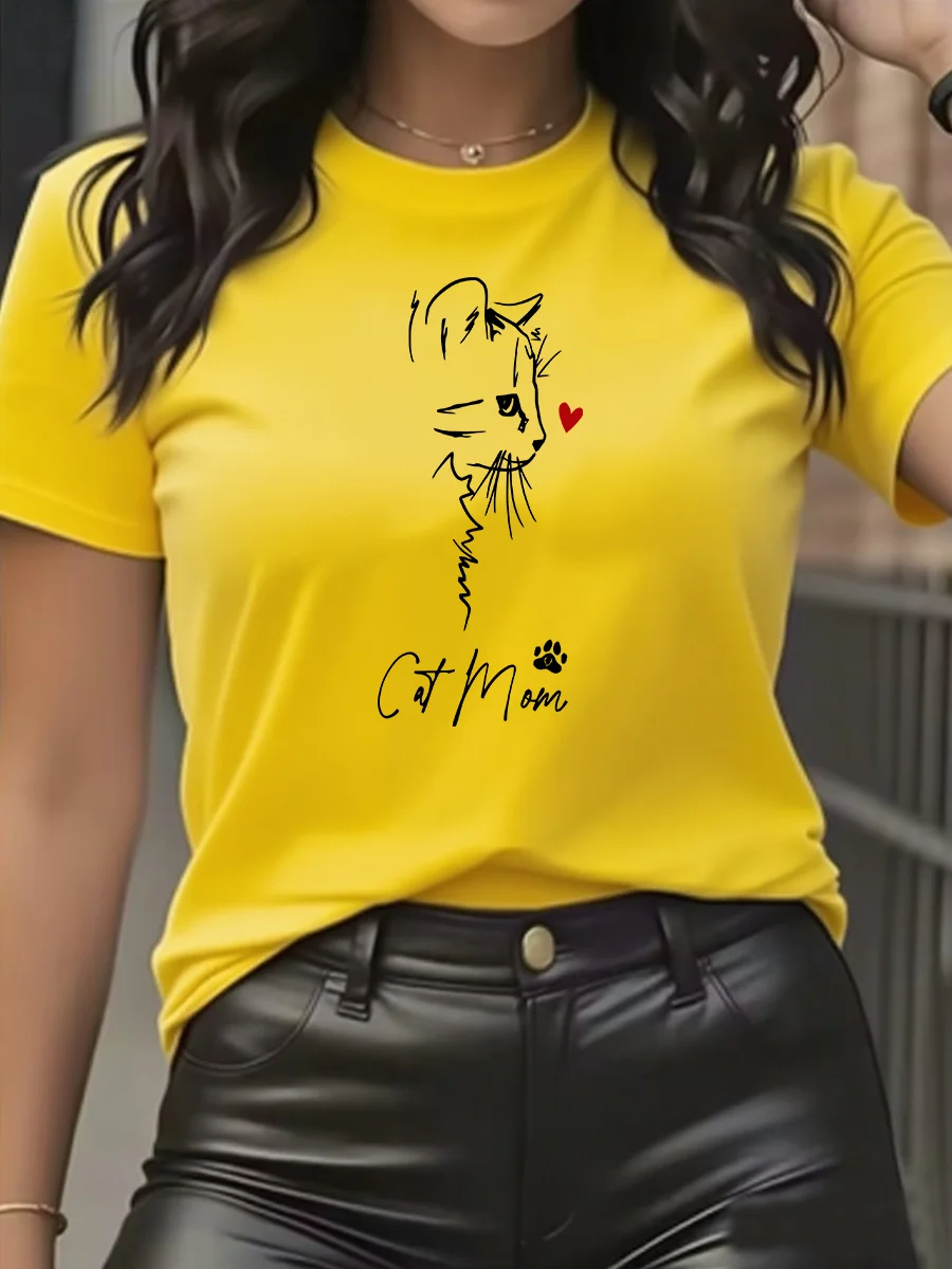 猫ママへの母の日のギフト - かわいい猫ママの漫画プリントが入った女性用カジュアル半袖Tシャツ ホワイト＆ブラックグラフィック
