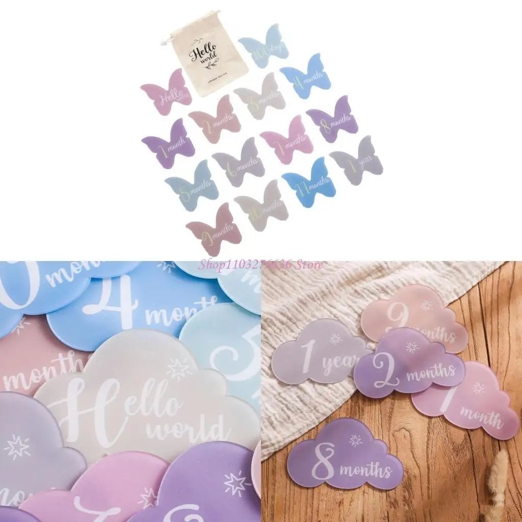 14pcs Newborn Landmark Cards Acrylic Butterfly/Cloud Shape Photo Props for Capturing Baby Monthly Growth Unisex