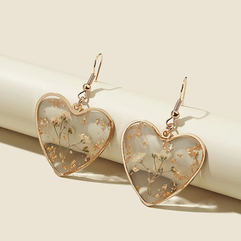 Trendy Heart Earrings for Women Blue Dried Flower Transparent Resin Drop Earring Girls Aesthetic Jewelry Female Anniversary Gift