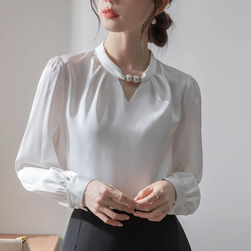 Loose Fit Chiffon Blouse for Women, French Collar Beaded Shirt, Spring/Summer 2024 New Arrival Office Lady Tops