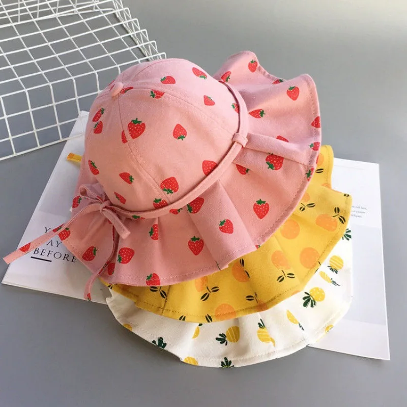 Sombrero de algodón con estampado de frutas para niñas, sombreros de cubo con lazo, Princesa, gorra de sol, viaje de playa, 1-3 años