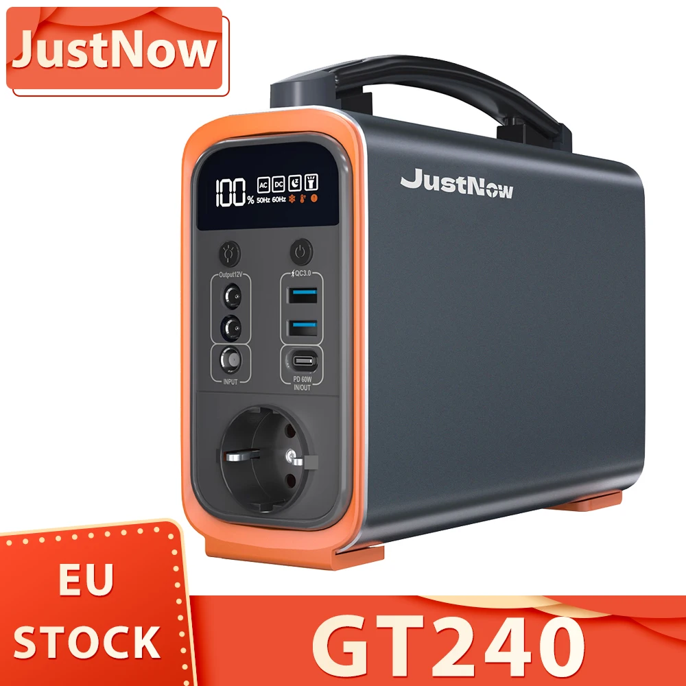 JustNow GT240 240W Portable Power Station, 240Wh LiFePO4 Battery Solar Generator, PD 60W Fast Charging, LED Light, 6 Outputs