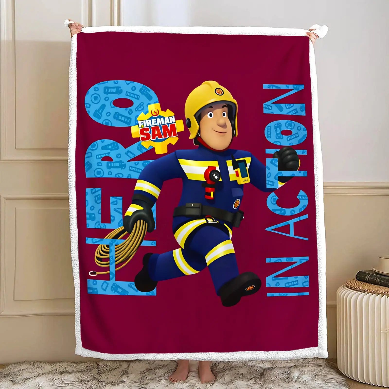 `Fireman Sam Sherpa Fleece Blanket Cartoon Firefighter Sam Soft Plush Throw for Kids Boys Sofa Bed Home Decor Gift`