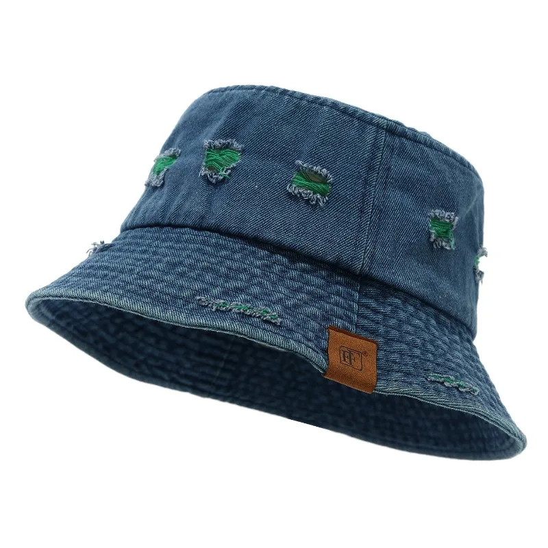 Women's Distressed Washed Denim Bucket Hat, Vintage Hole Design Casual Sun Hat, Face Slimming Basin Cap for Spring Summer