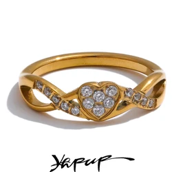 Yhpup Delicate Stainless Steel Bling Cubic Zirconia Heart Thin Finger Ring Water Resistant Daily Gift Classic Quality Jewelry