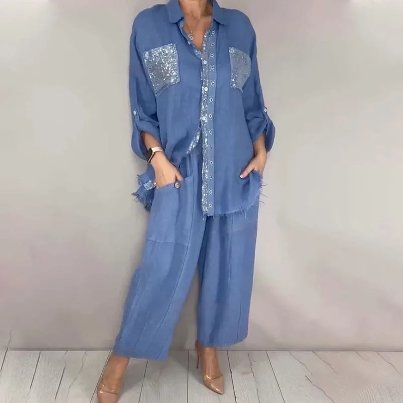 Casual Sequin Patch 2 Piece Outfit Ladies Turn‑Down Collar Frayed Button‑Up Shirt & Wide Leg Pants Set Daily Holiday Street Suit