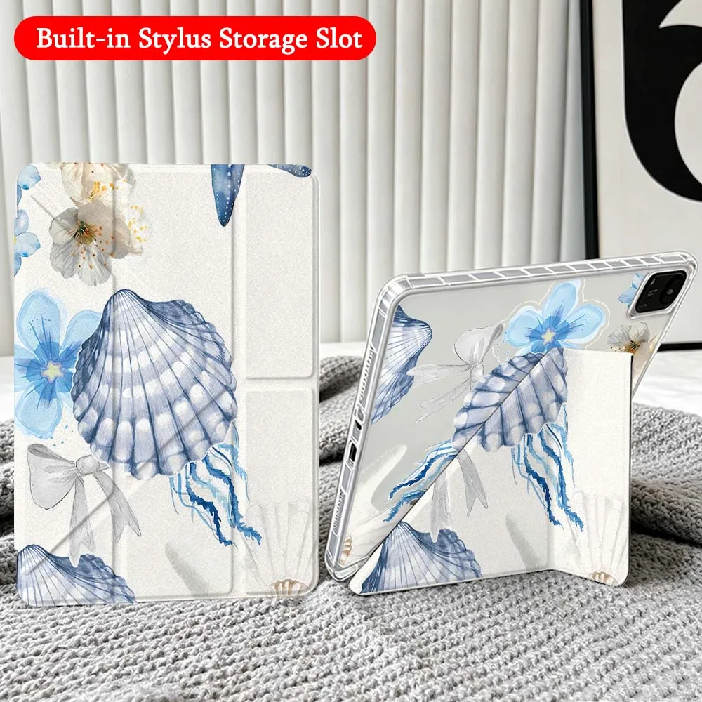 Blue Starfish Decor For Xiaomi Redmi Poco Pad 5 6 7 8 Pro SE 11 11.2 12.1 Inch Transparent Y-Shaped Folding Tablet Case