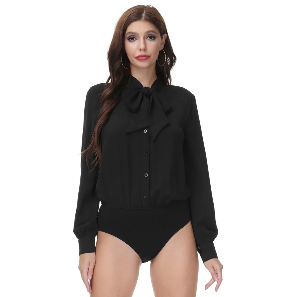 Body de manga larga con lazo para mujer, camisa de cintura elástica con cuello levantado, ropa de calle lisa, mono elegante para oficina, otoño