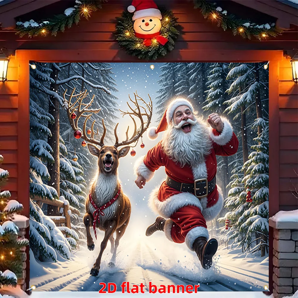 2D Flat, 2D Door Banner, 2D Flat Banner, 1pc, Merry Christmas Garage Door Banner, Santa Claus and Reindeer Running on Snowy Grou
