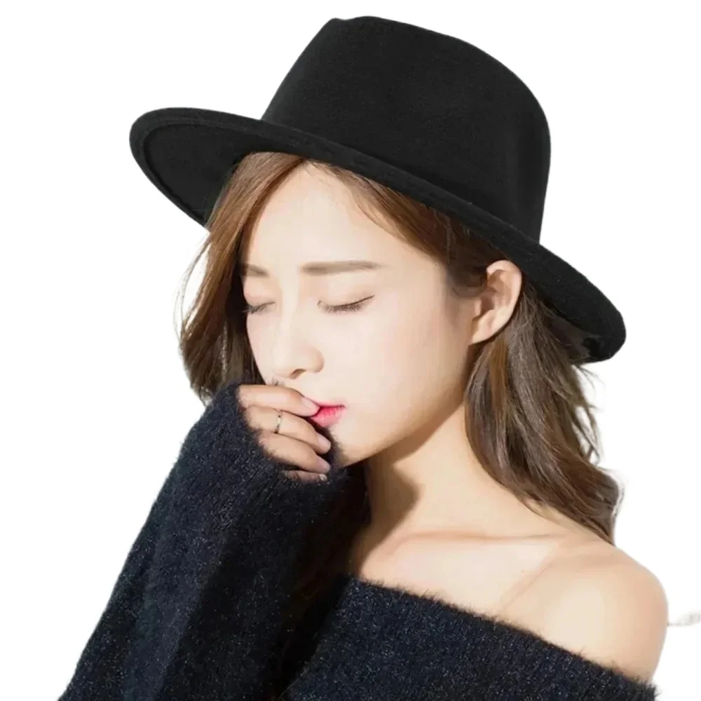قبعات فيدورا مسطحة للنساء بلون سادة قبعة صوفية تقليد أنيقة بريطانية واسعة الحافة قبعات للسيدات قبعات الرامي فيدورا #2