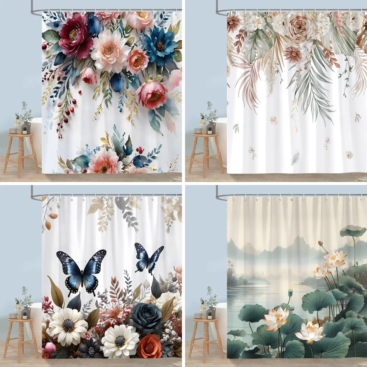 Pretty Floral Shower Curtain Blooming Flower Butterfly Lotus Polyester Fabric Home Shower Curtains Bathroom Decor With Hooks