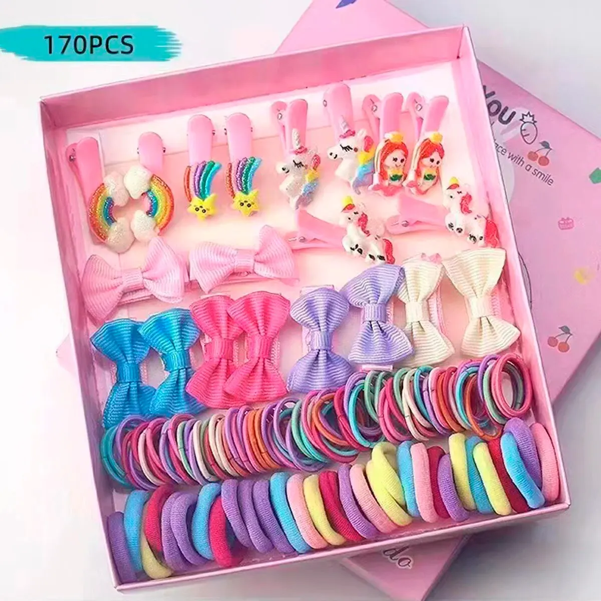 170pcs Children's Accessories Hair Clip Hair Card Princess Hair Rope Gift Box Side Clip Hair Accessories Combination Set