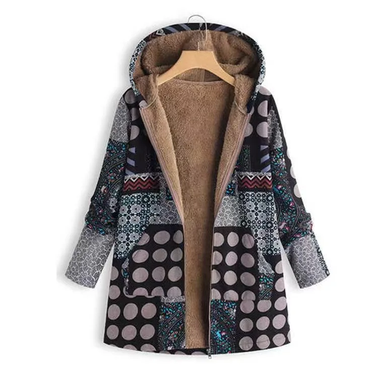 OVERSIZE Winter Vintage Women Coat Warm Printing Thick Fleece Hooded Long Jacket Pocket Outwear Loose Boho Tops Шерстяное Пальто image 5