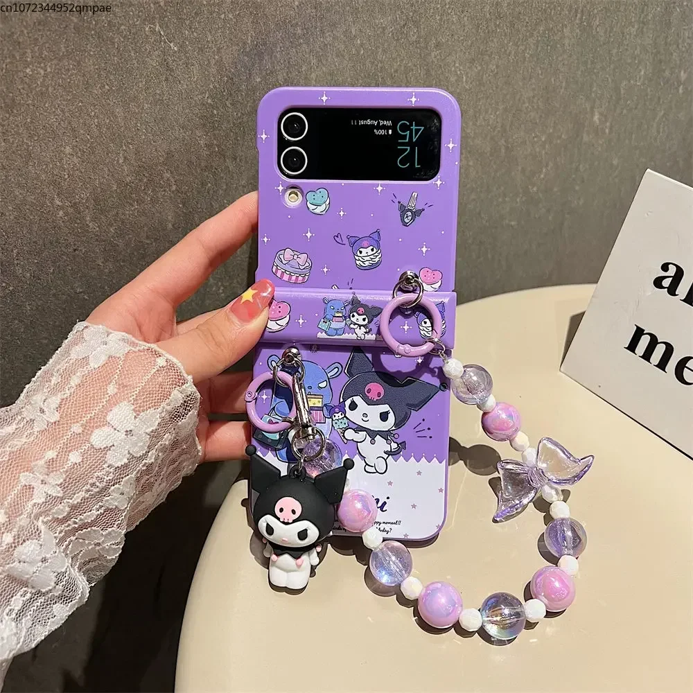 Cartoon niedlich Hallo Kitty Cinna moroll Kuromi mit Lanyard Handy hülle für Samsung Galaxy Z Flip 3 4 5 5g harte Anti-Fall-Back-Abdeckung