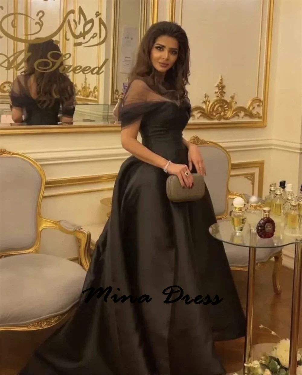 Mina-Elegant dress with satin as the contracting party, lace tight corset, black, long floor length, evening, formal occasion