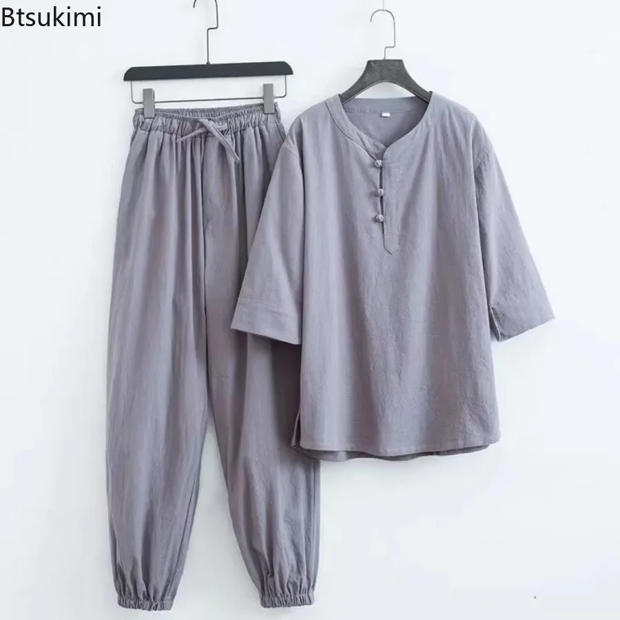 New Men's Cotton Linen Sets Chinese Style Solid Short Sleeve Pants Two Pieces Traditional Clothes Kung Fu Uniform Tang Suit Male - Image 4