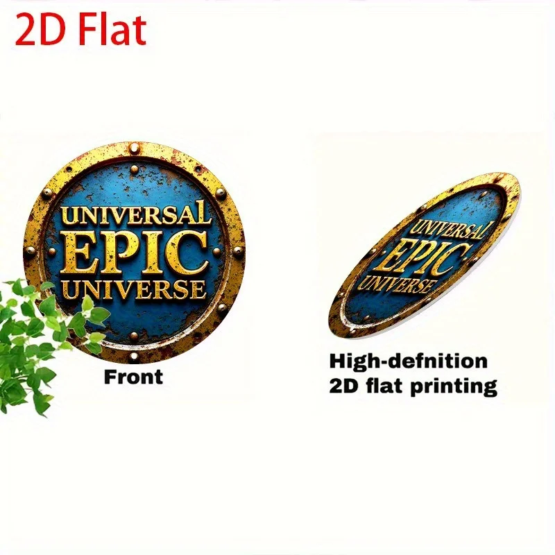 مسطح ثنائي الأبعاد، قطعة واحدة من لافتة ديكور الحائط المستديرة القديمة تشبه المعدن العتيق - حروف ذهبية ملحمية للكون، مخطط ألوان أزرق وذهبي ريفي #5