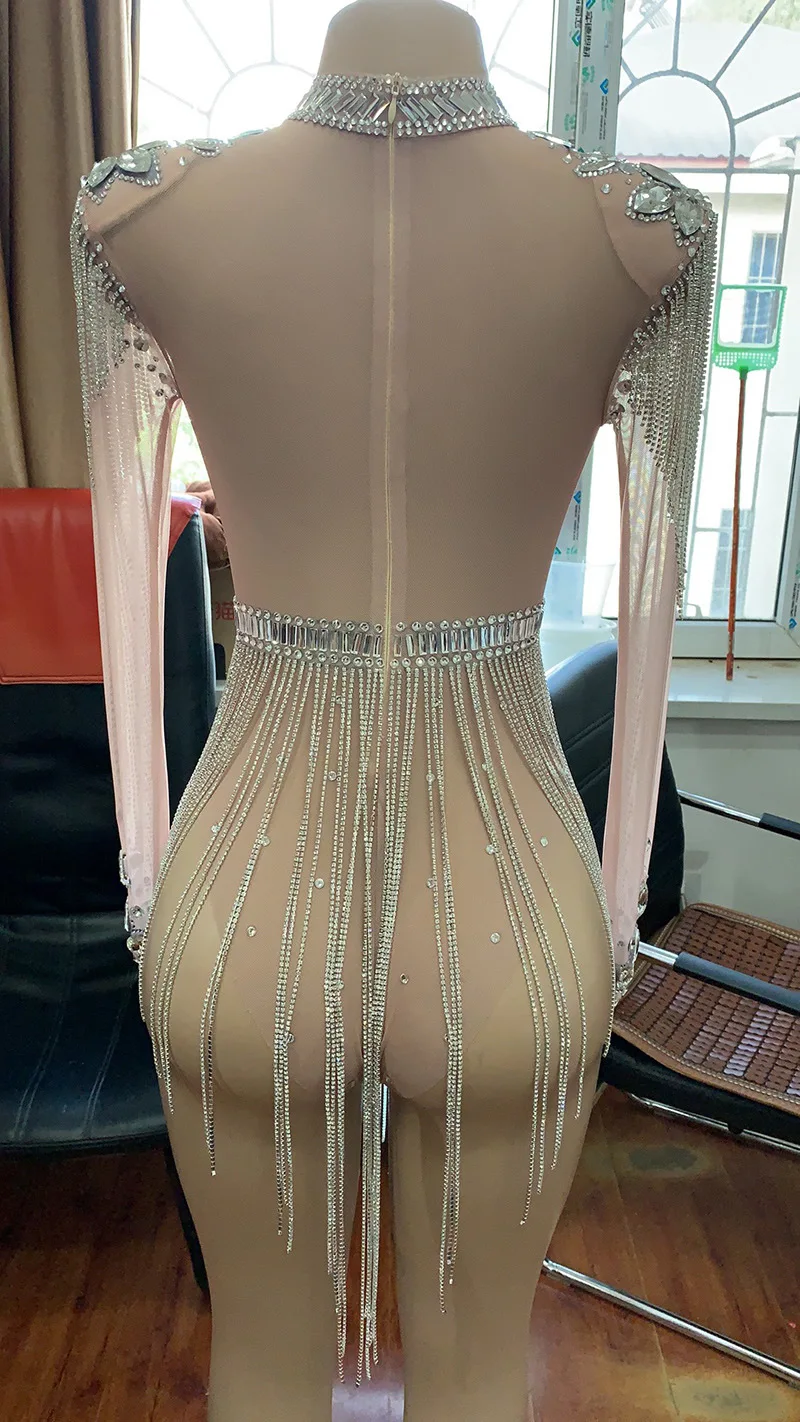 Sexy malha de luxo strass festa aniversário macacão triângulo garfo alto palco desempenho terno vestido gala noche mujer elegante