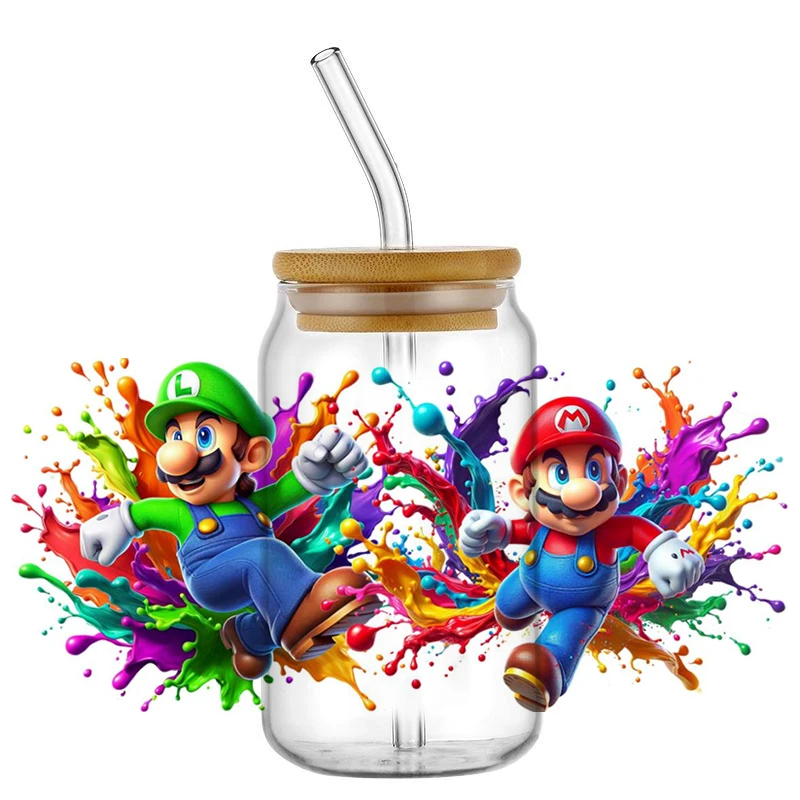 Games Mario 16oz UV DTF Cup Wrap Libbey Glass Beer Can tumbler Transfer Stickers Waterproof Permanent Adhesive Spring Flower