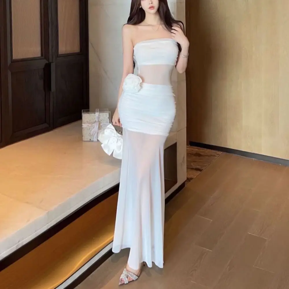 

Korean Style Transparent Rose Long Dress Pleated High Waist Sleeveless Dress Thin Spicy Girl Tube Top Dress Club